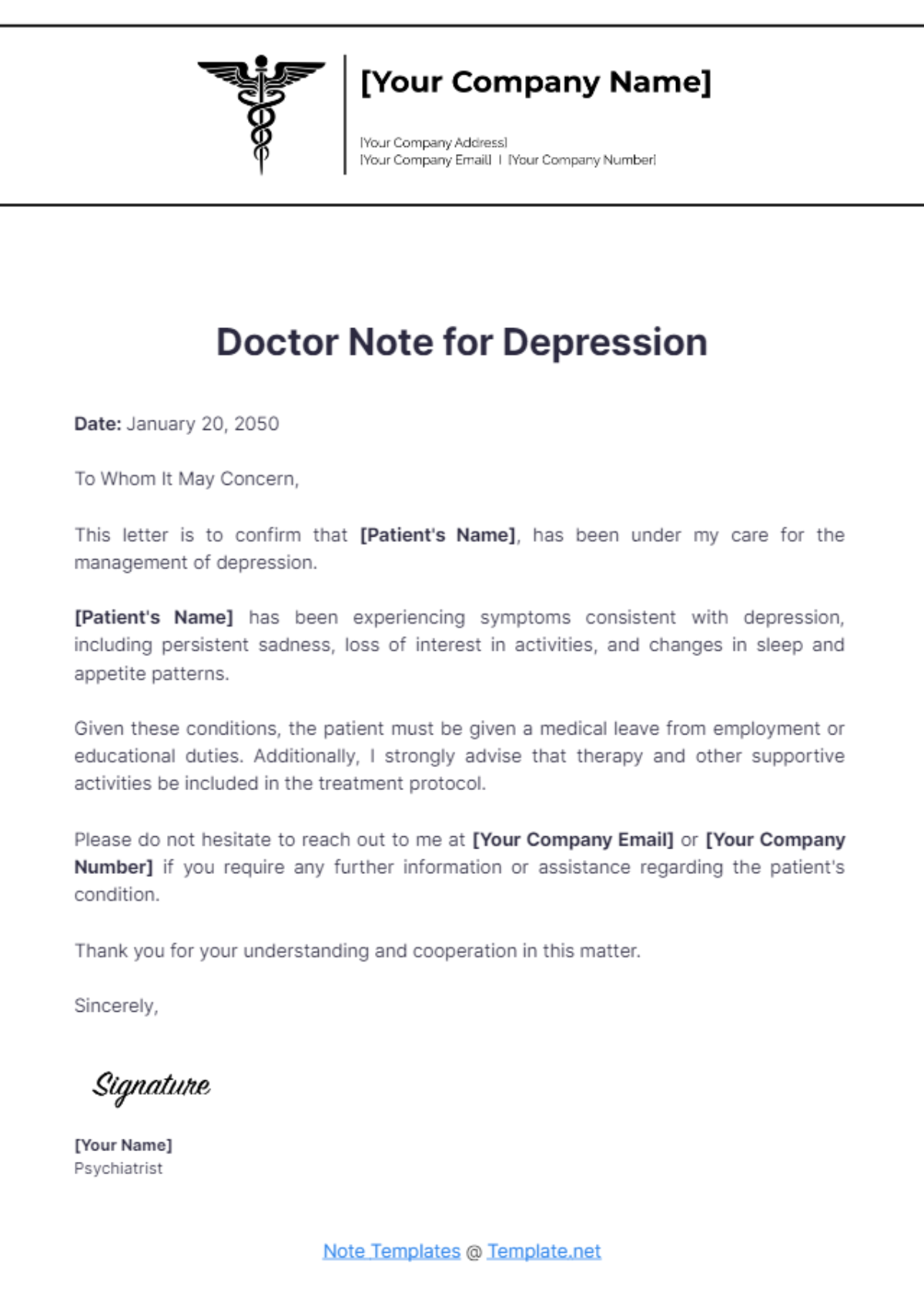 Doctor's Note for Depression Template