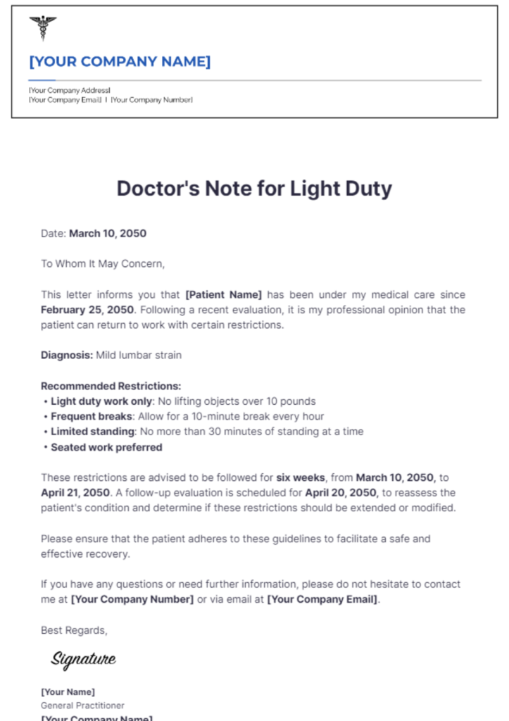 Doctor’s Note for Light Duty – eDocNotes.com